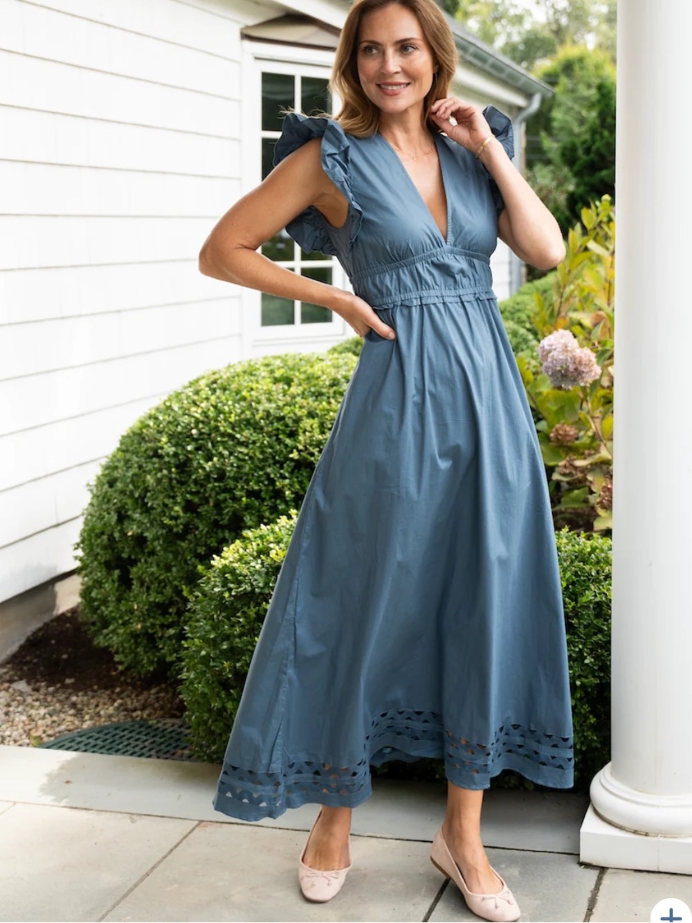 Sail To Sable Stone Blue V-Neck Flutter Sleeve Maxi Dress with Ric-Rac Size XS